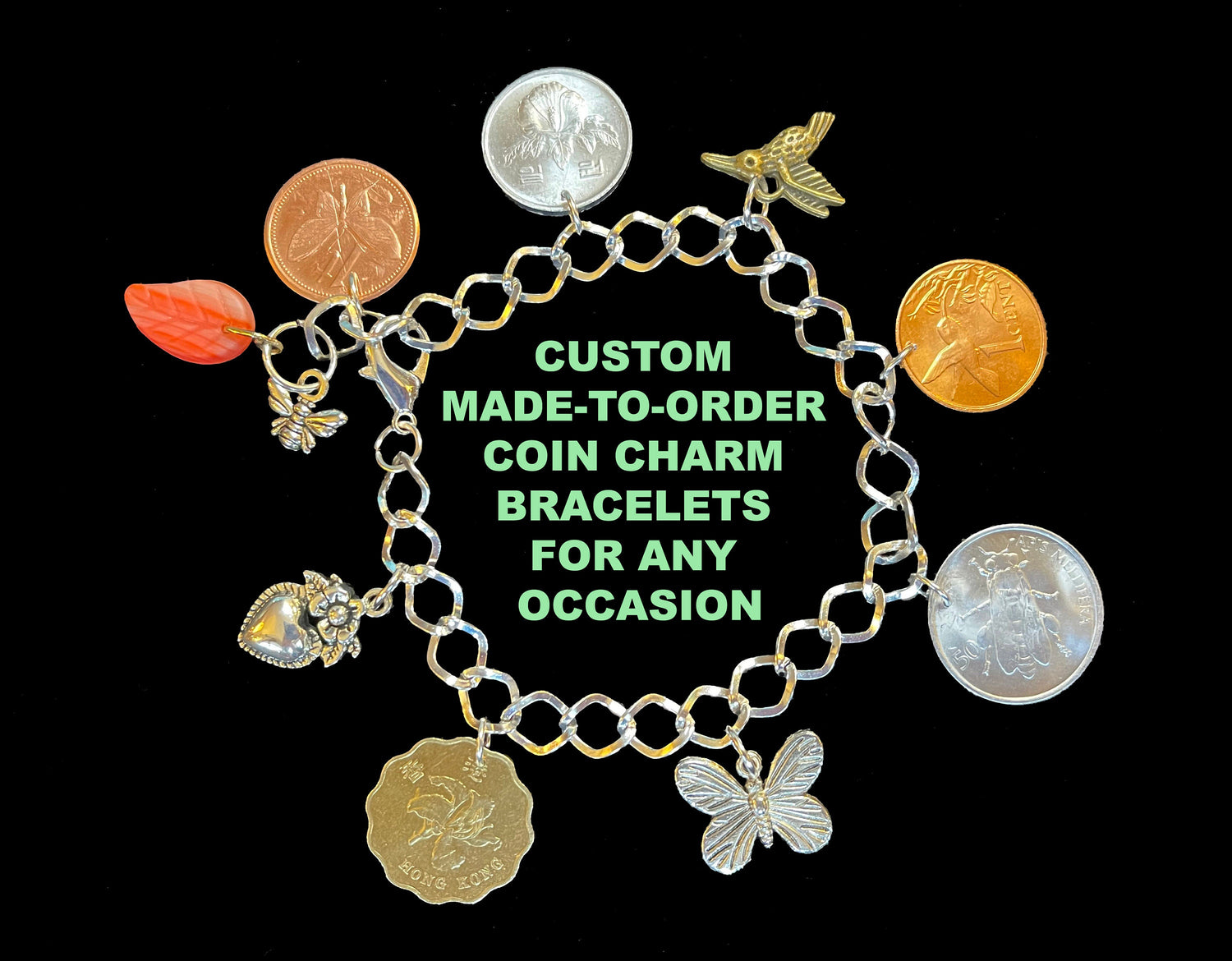 Silver plated adjustable coin charm bracelet w/ lobster clasp - design your own custom coin charm jewelry - made-to-order or kit + findings
