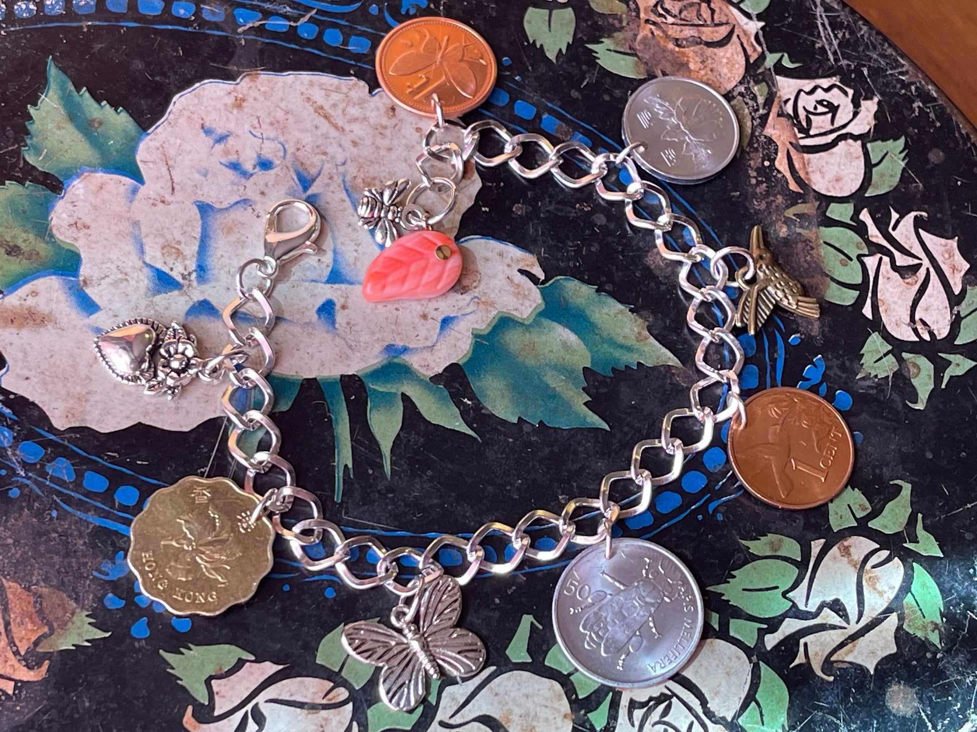 Coin Charm silver designer bracelet - Mothers Day - garden bee orchid rose hummingbird heart - hand-blown glass - adjustable w lobster clasp