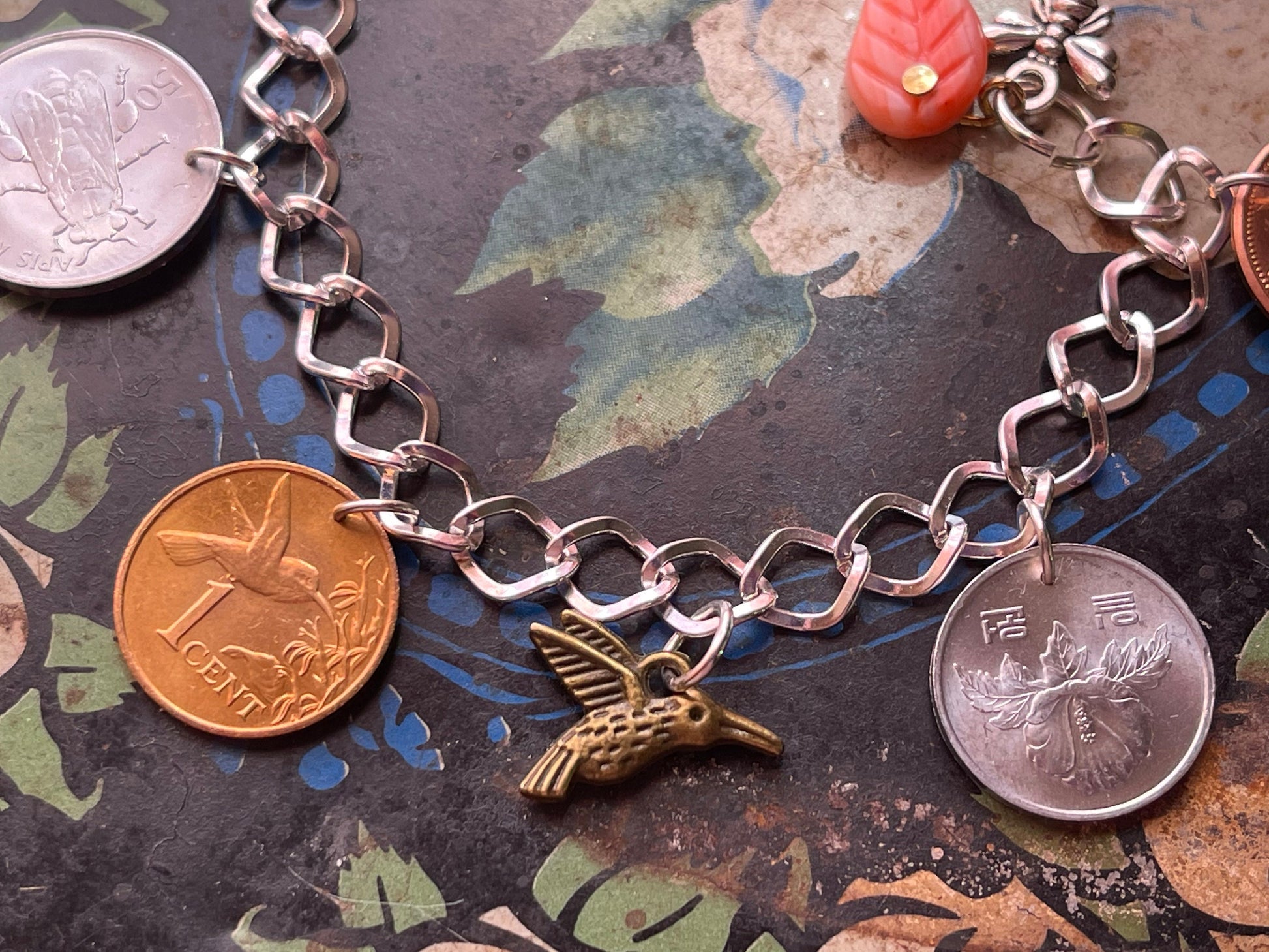 Coin Charm silver designer bracelet - Mothers Day - garden bee orchid rose hummingbird heart - hand-blown glass - adjustable w lobster clasp
