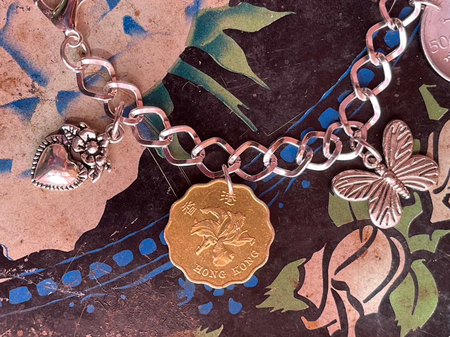 Coin Charm silver designer bracelet - Mothers Day - garden bee orchid rose hummingbird heart - hand-blown glass - adjustable w lobster clasp