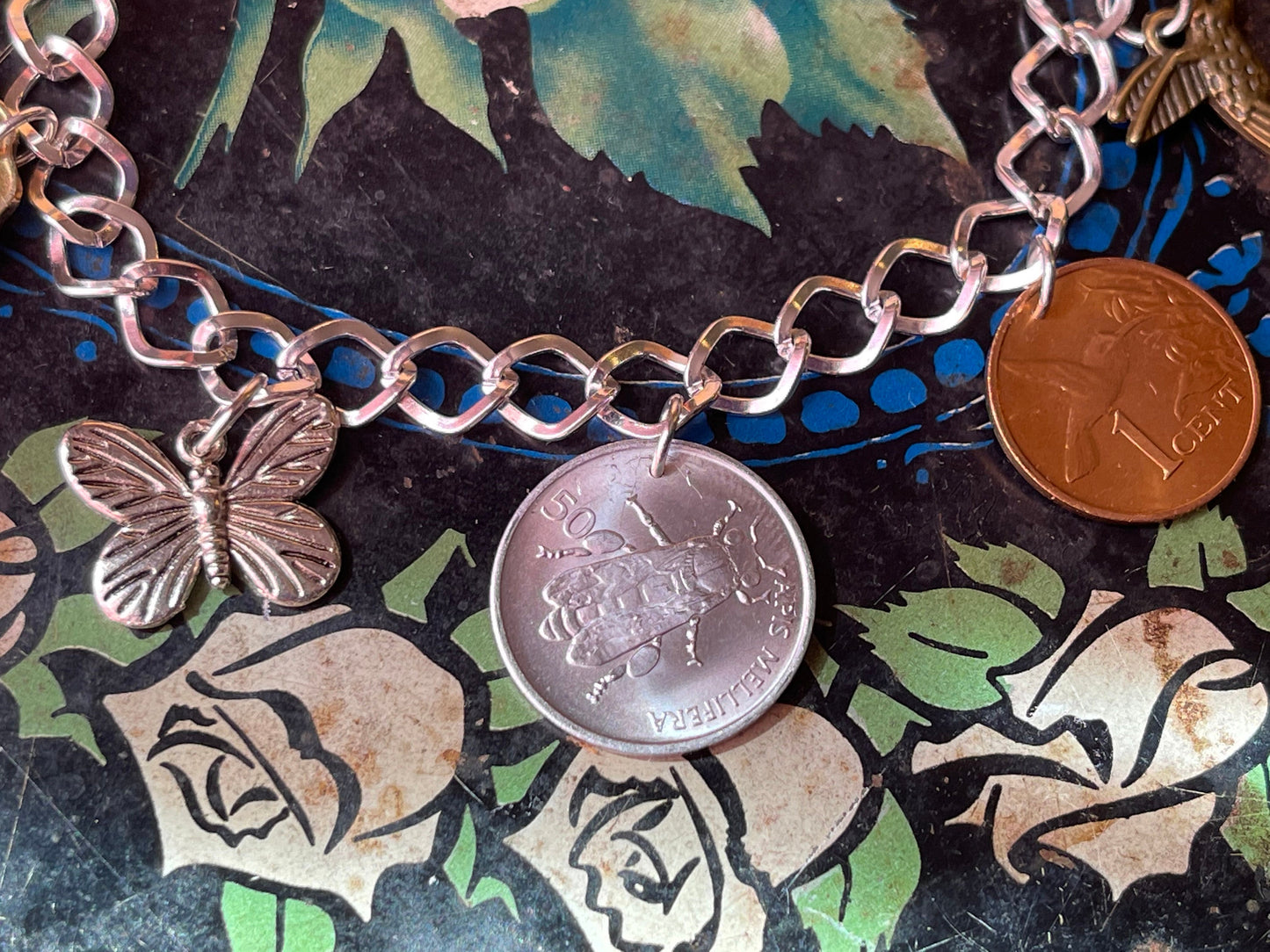 Coin Charm silver designer bracelet - Mothers Day - garden bee orchid rose hummingbird heart - hand-blown glass - adjustable w lobster clasp