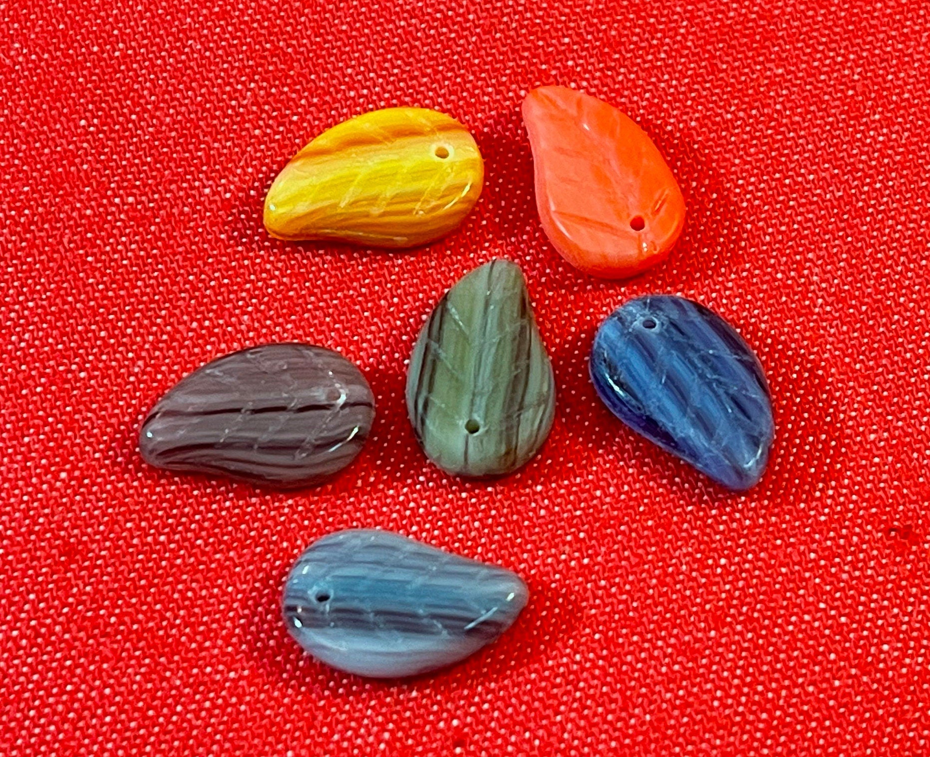 Czech glass leaf drops (choose your color, lot of 6, or 8 assorted pink, green, blue, yellow+) handmade marbled glass leaves (bead charm)