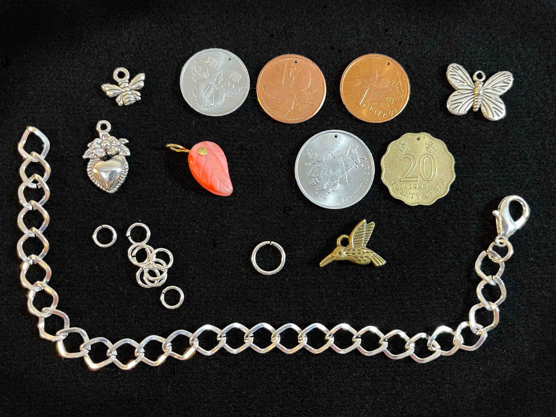 Coin Charm silver designer bracelet - Mothers Day - garden bee orchid rose hummingbird heart - hand-blown glass - adjustable w lobster clasp