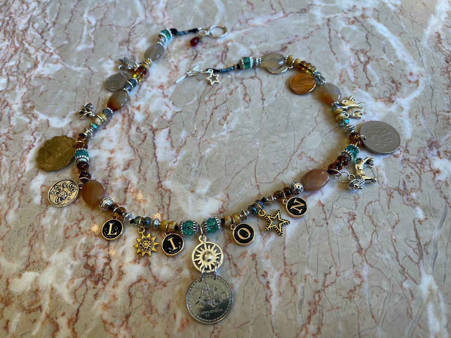 LION Leo necklace–enamel letters, silver toggle–St. Mamas riding lion, Ethiopian lion coins–animal charms–picture jasper–crystal (astrology)