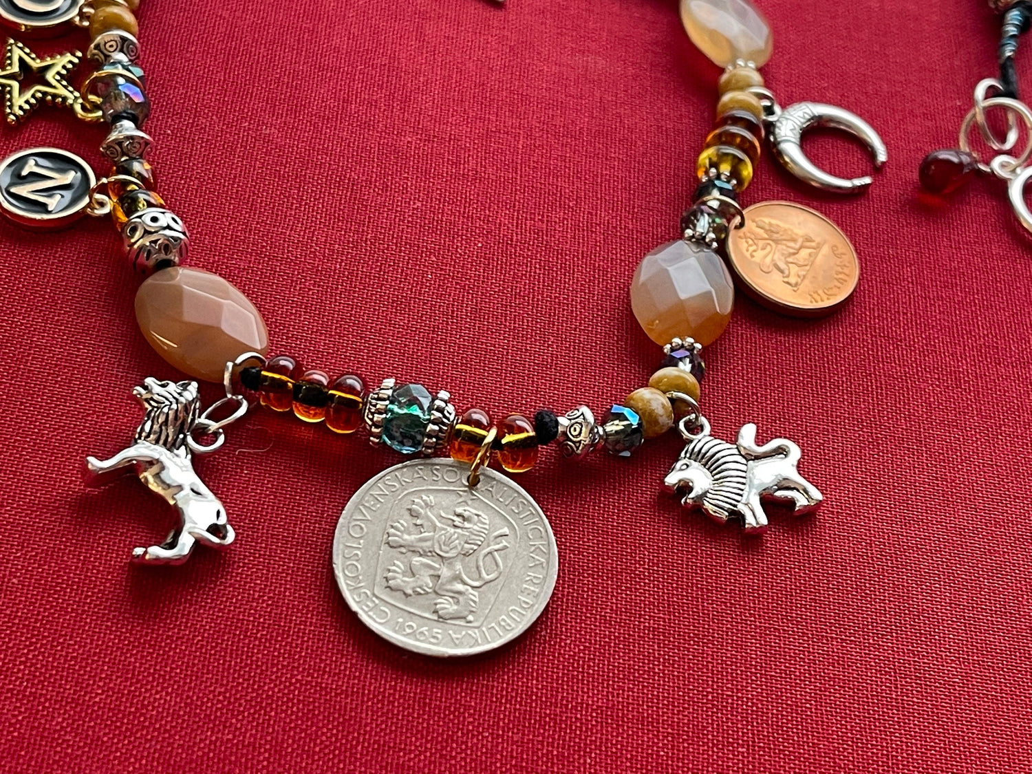 LION Leo necklace–enamel letters, silver toggle–St. Mamas riding lion, Ethiopian lion coins–animal charms–picture jasper–crystal (astrology)