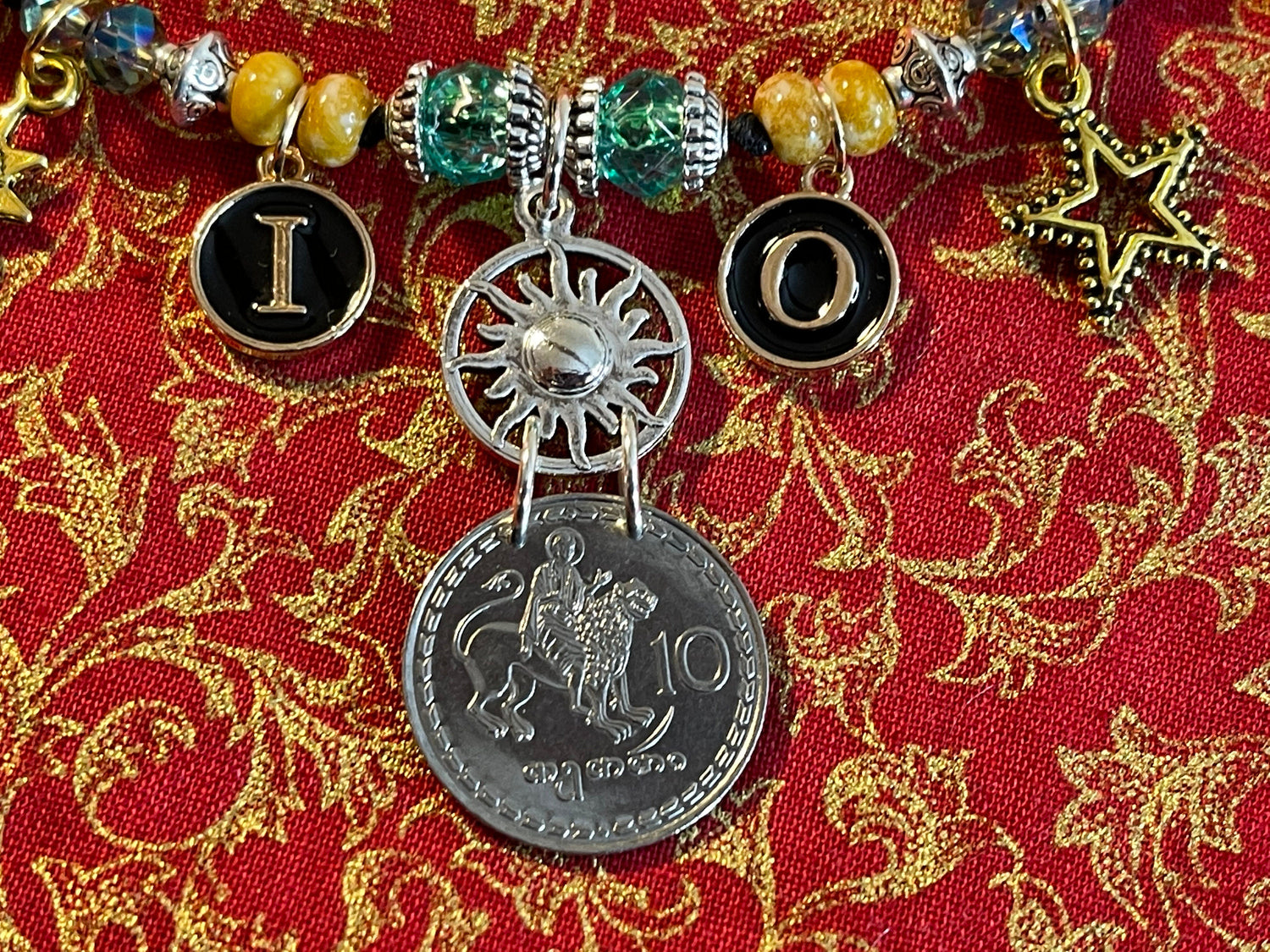 LION Leo necklace–enamel letters, silver toggle–St. Mamas riding lion, Ethiopian lion coins–animal charms–picture jasper–crystal (astrology)