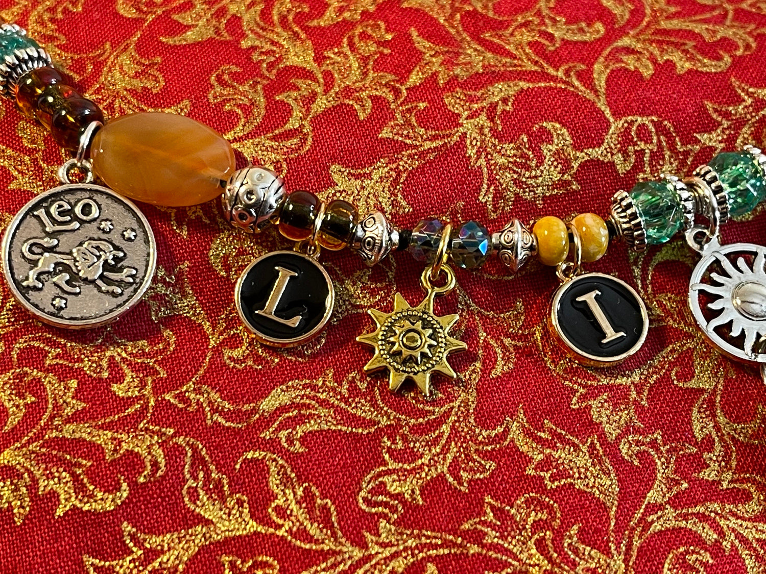 LION Leo necklace–enamel letters, silver toggle–St. Mamas riding lion, Ethiopian lion coins–animal charms–picture jasper–crystal (astrology)
