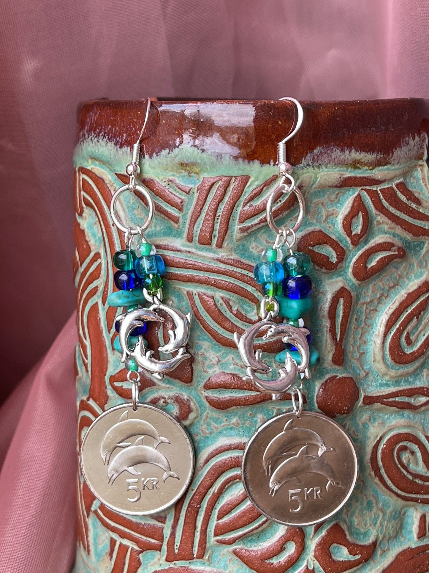 Dolphin coins dangle earrings - Earth Day Sterling Silver plated designer jewelry - Three dolphins sea life charm - blue glass turquoise gem