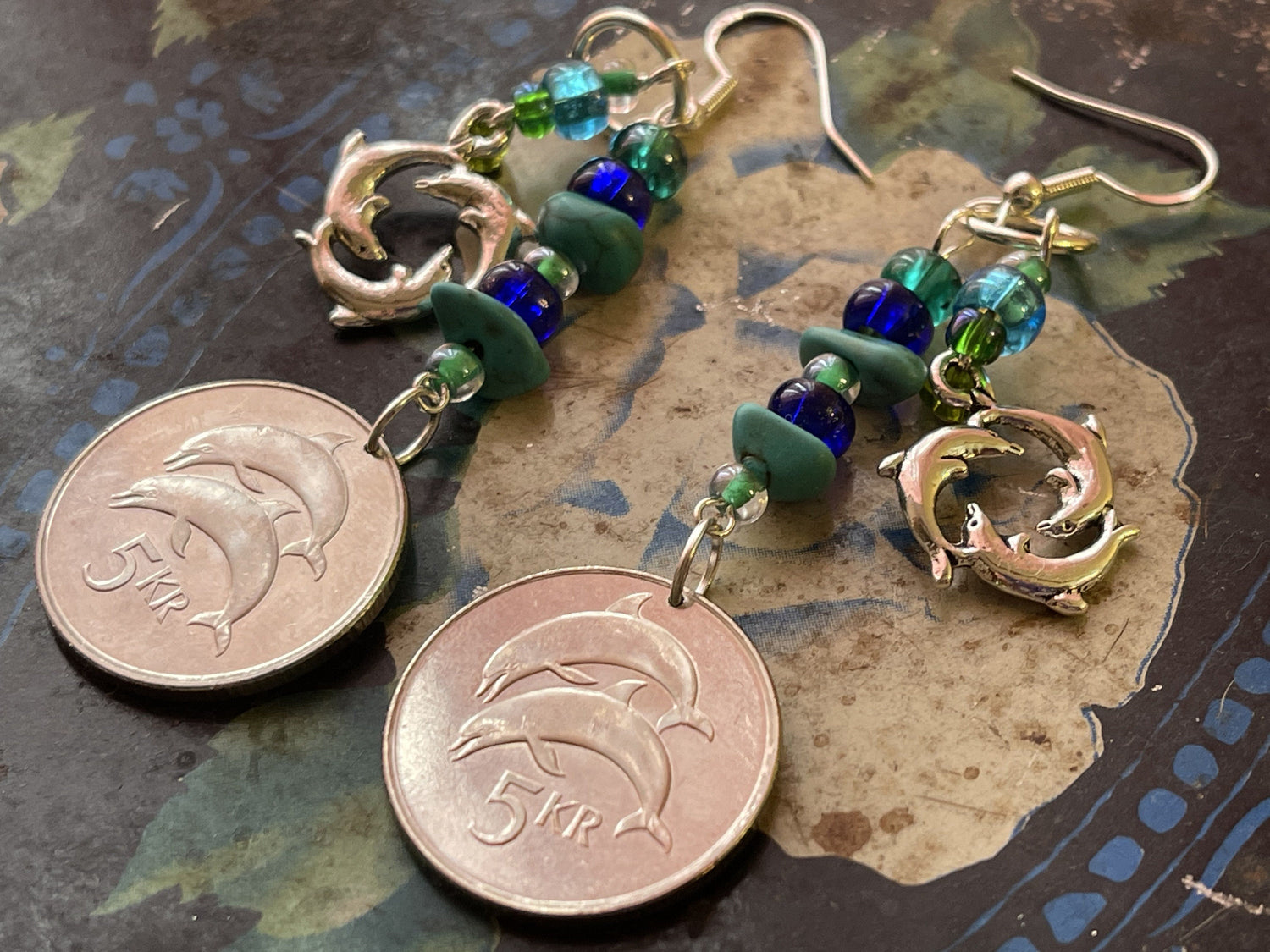 Dolphin coins dangle earrings - Earth Day Sterling Silver plated designer jewelry - Three dolphins sea life charm - blue glass turquoise gem