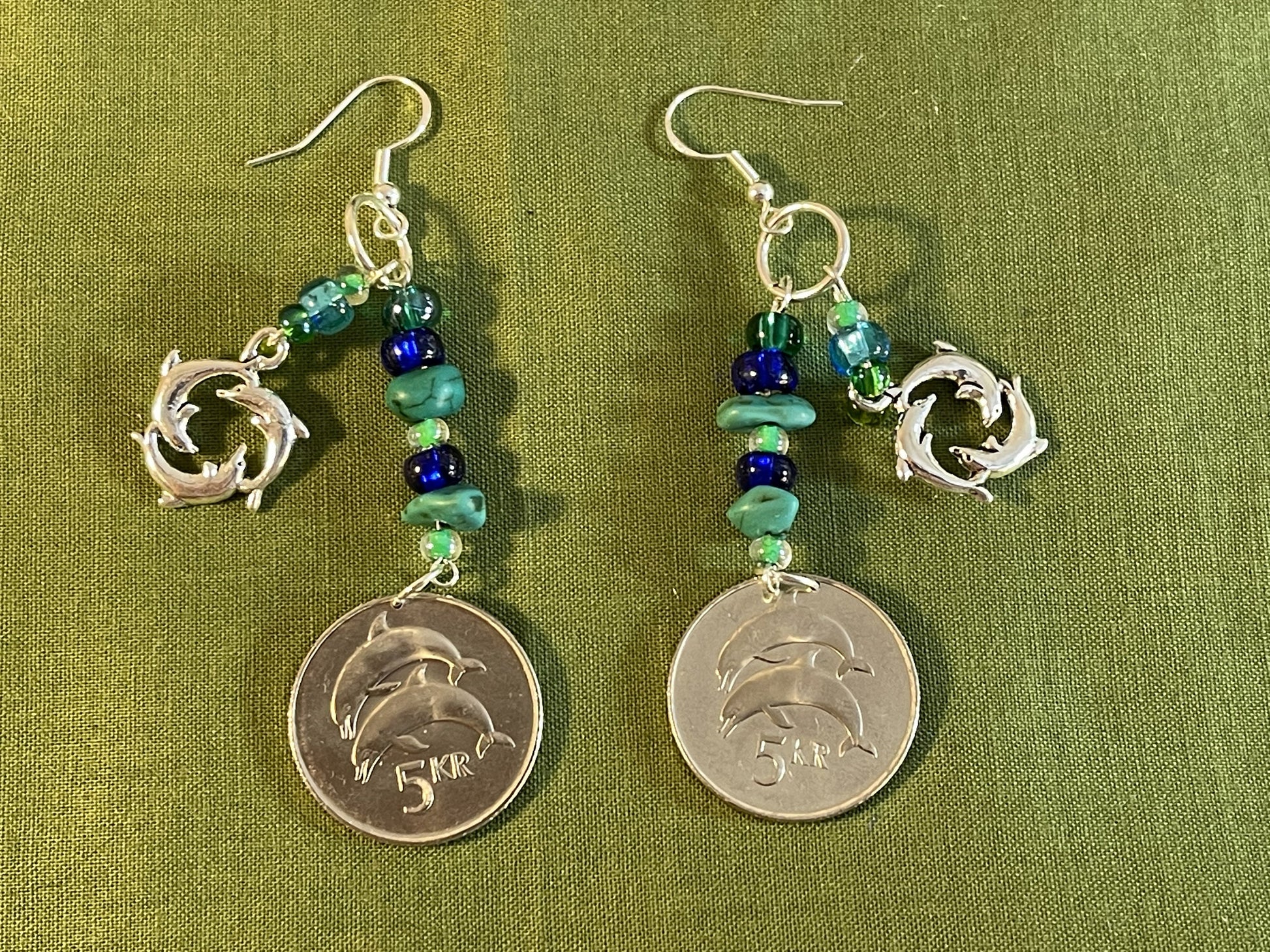 Dolphin coins dangle earrings - Earth Day Sterling Silver plated designer jewelry - Three dolphins sea life charm - blue glass turquoise gem
