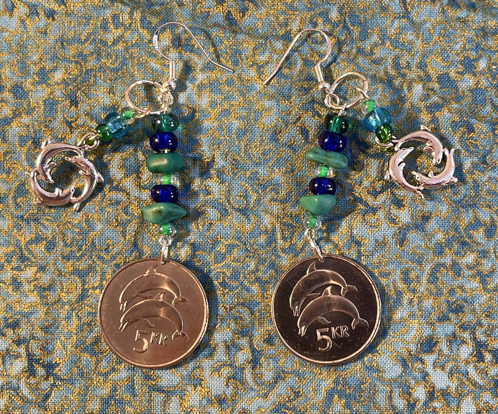 Dolphin coins dangle earrings - Earth Day Sterling Silver plated designer jewelry - Three dolphins sea life charm - blue glass turquoise gem