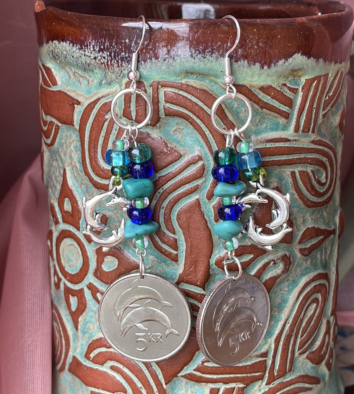 Dolphin coins dangle earrings - Earth Day Sterling Silver plated designer jewelry - Three dolphins sea life charm - blue glass turquoise gem