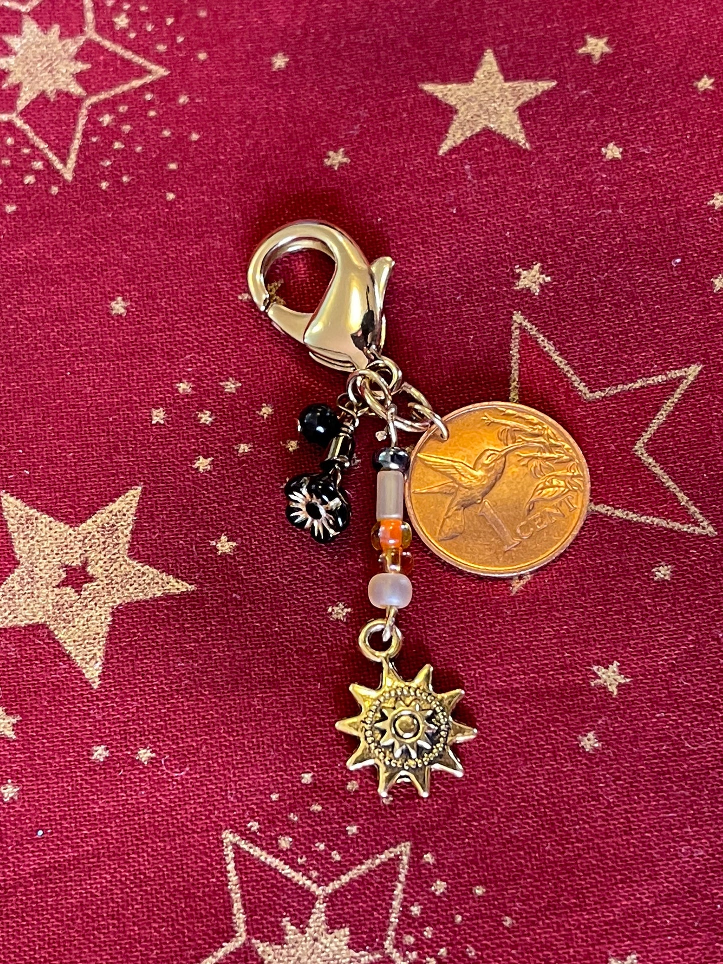 Hummingbird coin gold plated chunky accessory clip–flower and sun charm–purse or zipper–vintage Japanese glass dangle drops–designer jewelry