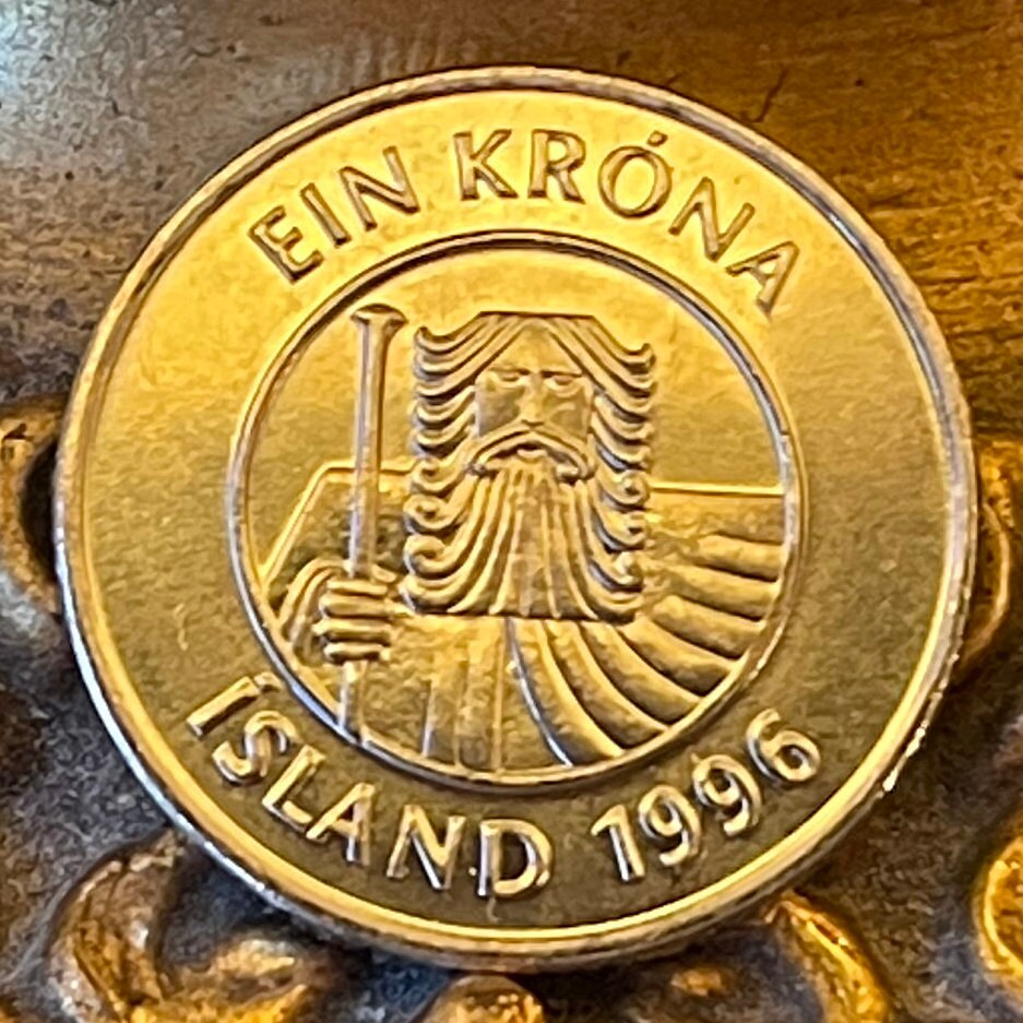 Cod Fish & Giant Bergrisi 1 Krona Iceland Authentic Coin Money for Jewelry and Craft Making