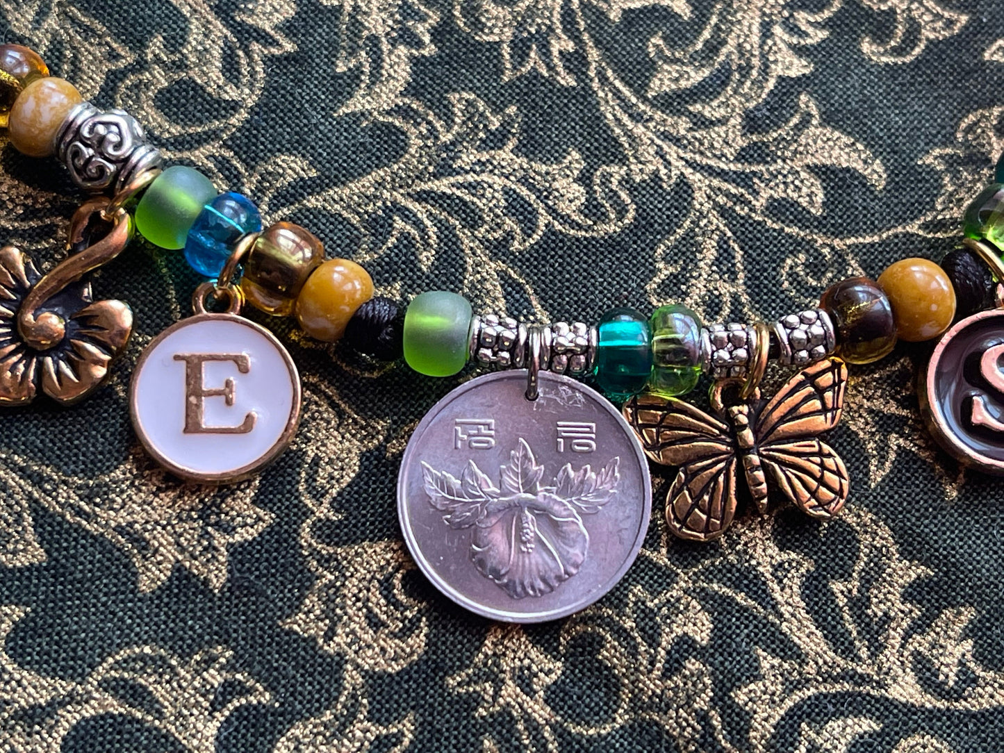 BEES necklace–coins, letter charms: honeybee-butterfly-hummingbird, flower coins–lotus orchid rose–bee charms–adjustable satin cord bead kit