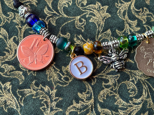 BEES necklace–coins, letter charms: honeybee-butterfly-hummingbird, flower coins–lotus orchid rose–bee charms–adjustable satin cord bead kit