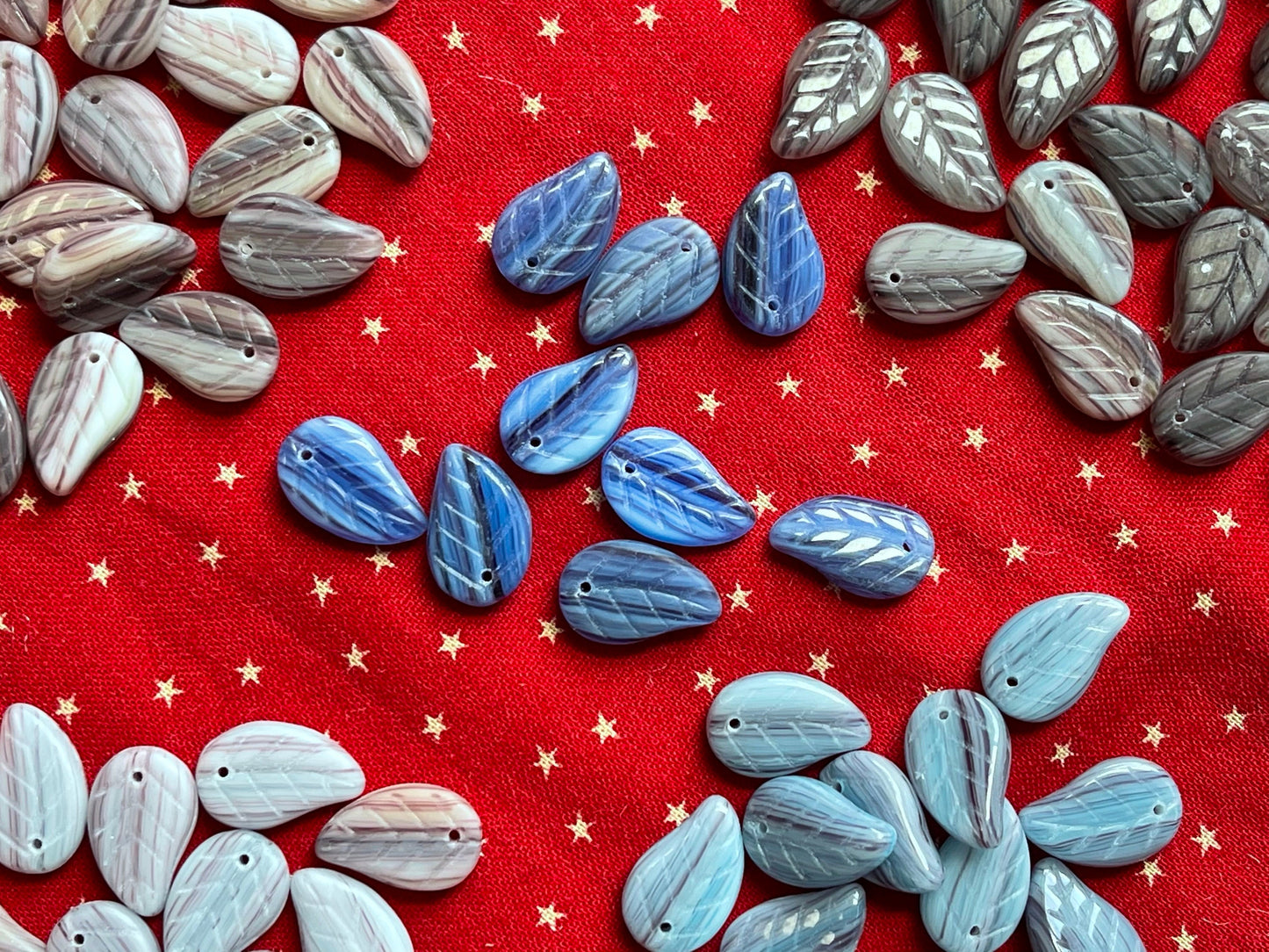 Czech glass leaf drops (choose your color, lot of 6, or 8 assorted pink, green, blue, yellow+) handmade marbled glass leaves (bead charm)