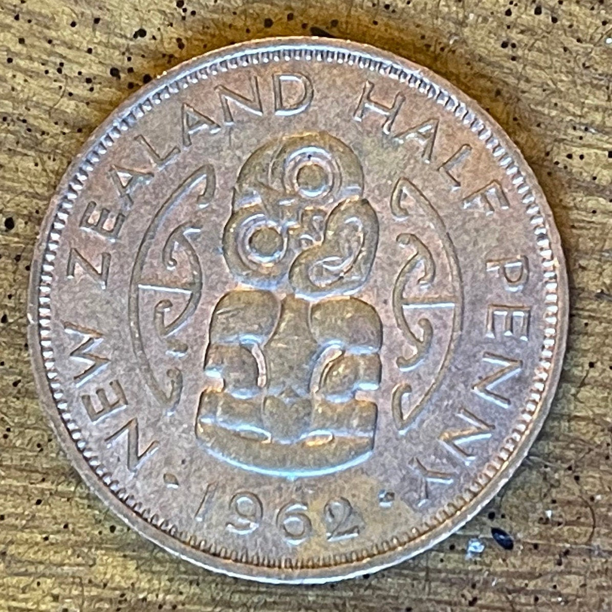 Maori Hei-tiki Goddess of Childbirth Half Penny New Zealand Authentic Coin Money for Jewelry (Ancestor Pendant) (Hineteiwaiwa) (Taonga)