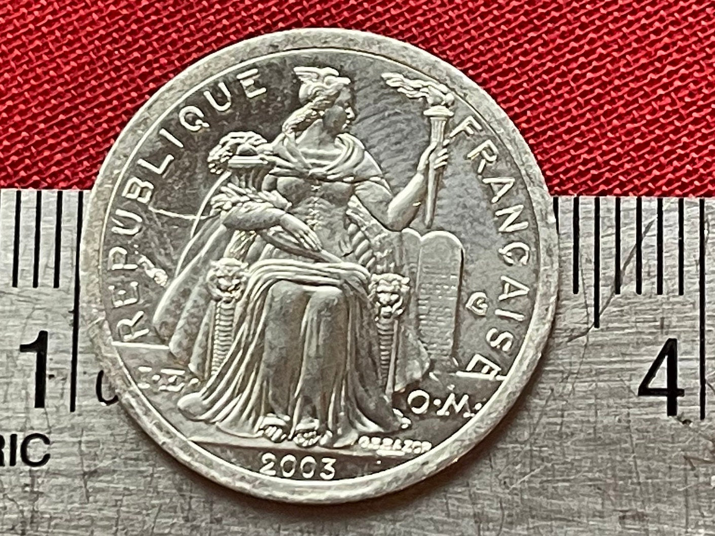 Liberty on Throne 1 Franc & Tahiti Beach Paradise French Polynesia Authentic Coin Money (South Pacific Island) (Sailing) (Marquesas) (Canoe)