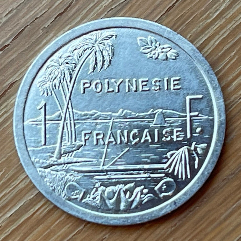 Tahiti Beach 1 Franc, Outrigger Canoe, Sailboat & Liberty on Throne French Polynesia Authentic Coin (South Pacific Island) (Marquesas)