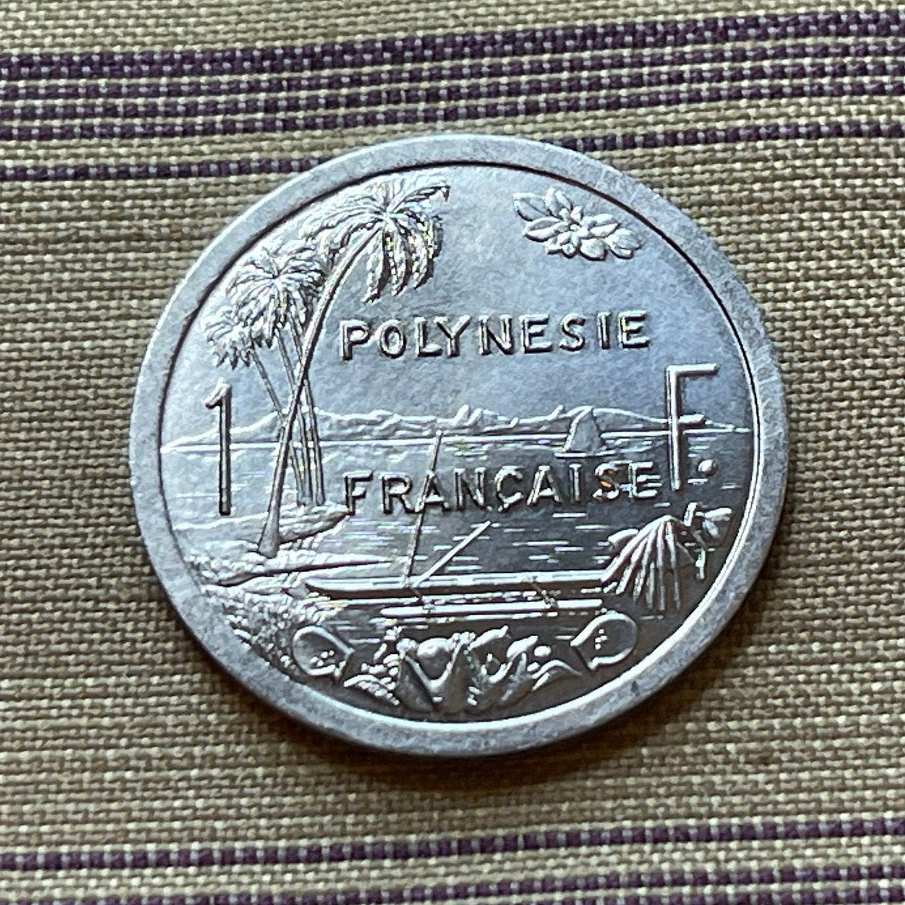 Tahiti Beach 1 Franc, Outrigger Canoe, Sailboat & Liberty on Throne French Polynesia Authentic Coin (South Pacific Island) (Marquesas)