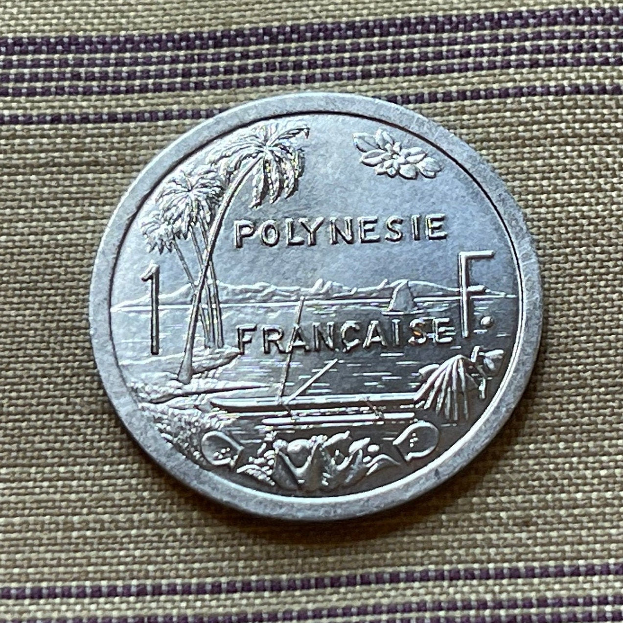 Liberty on Throne 1 Franc & Tahiti Beach Paradise French Polynesia Authentic Coin Money (South Pacific Island) (Sailing) (Marquesas) (Canoe)