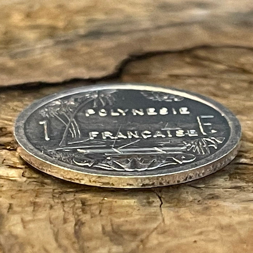 Tahiti Beach 1 Franc, Outrigger Canoe, Sailboat & Liberty on Throne French Polynesia Authentic Coin (South Pacific Island) (Marquesas)