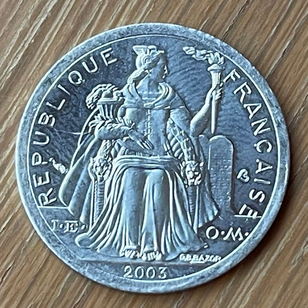 Tahiti Beach 1 Franc, Outrigger Canoe, Sailboat & Liberty on Throne French Polynesia Authentic Coin (South Pacific Island) (Marquesas)