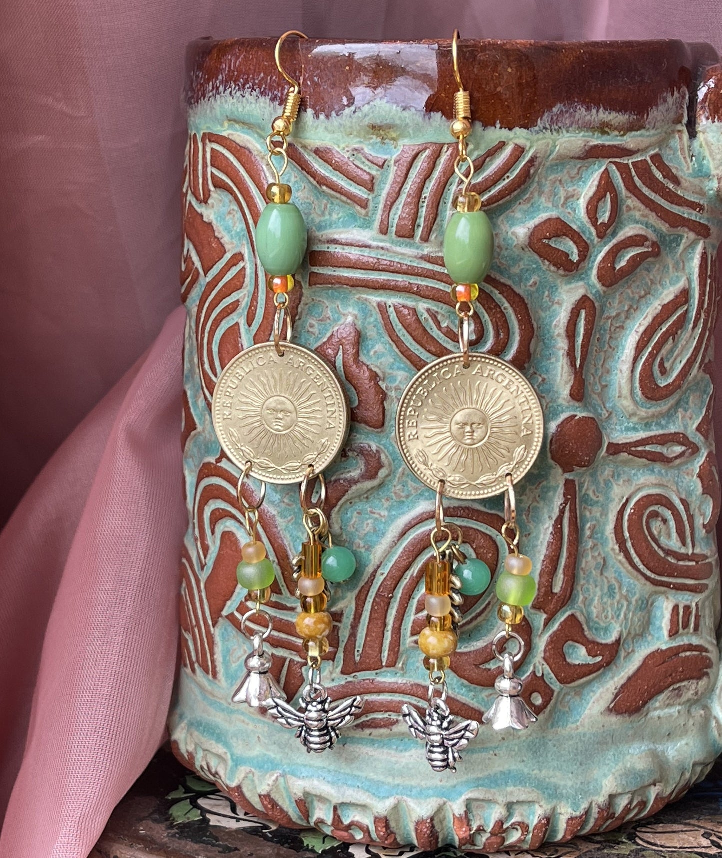 Bee & sun long dangle earrings–Gold, silver plated designer jewelry–realistic bee flower coin charms–vintage glass beads–green, gold, orange