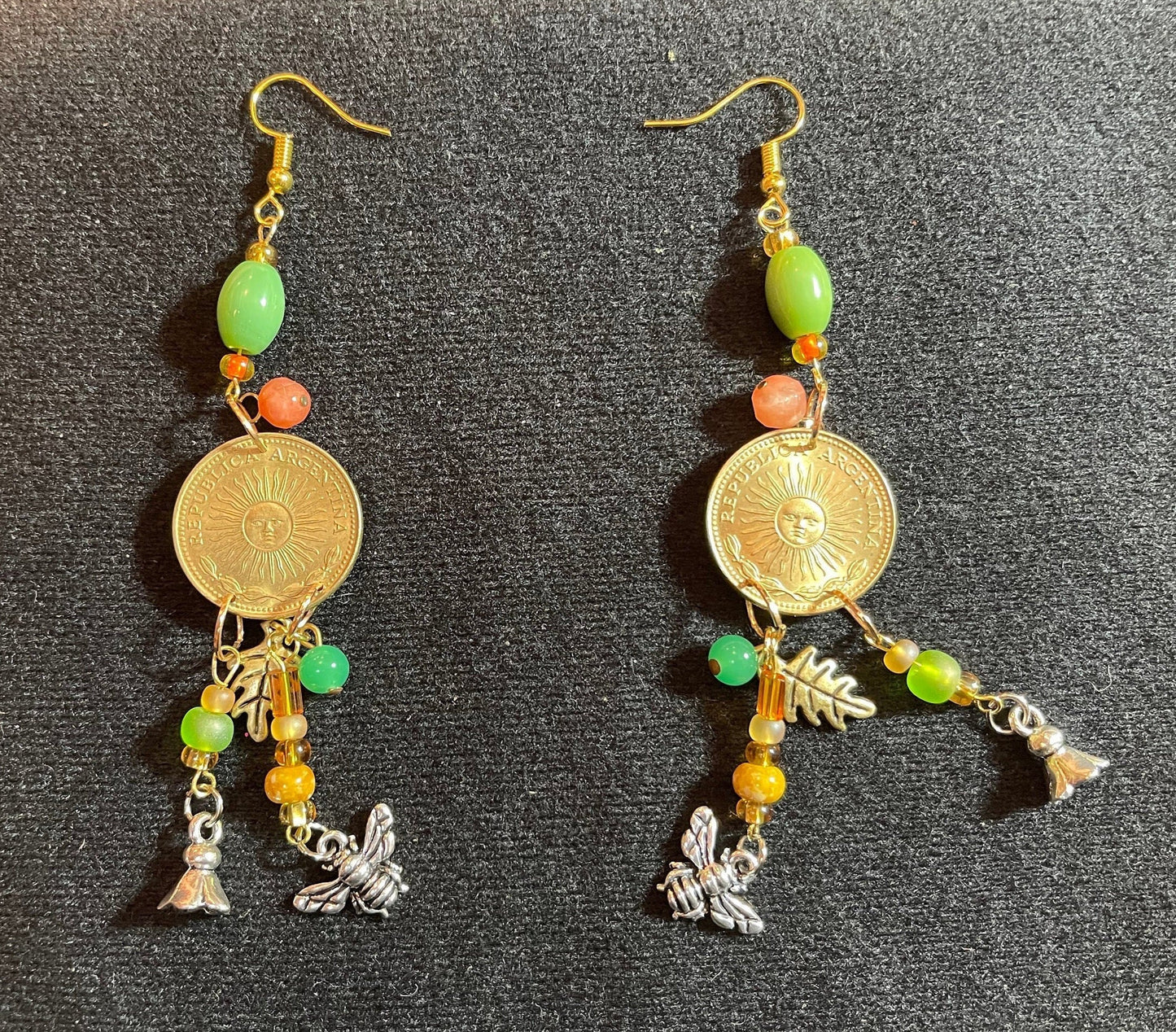 Bee & sun long dangle earrings–Gold, silver plated designer jewelry–realistic bee flower coin charms–vintage glass beads–green, gold, orange