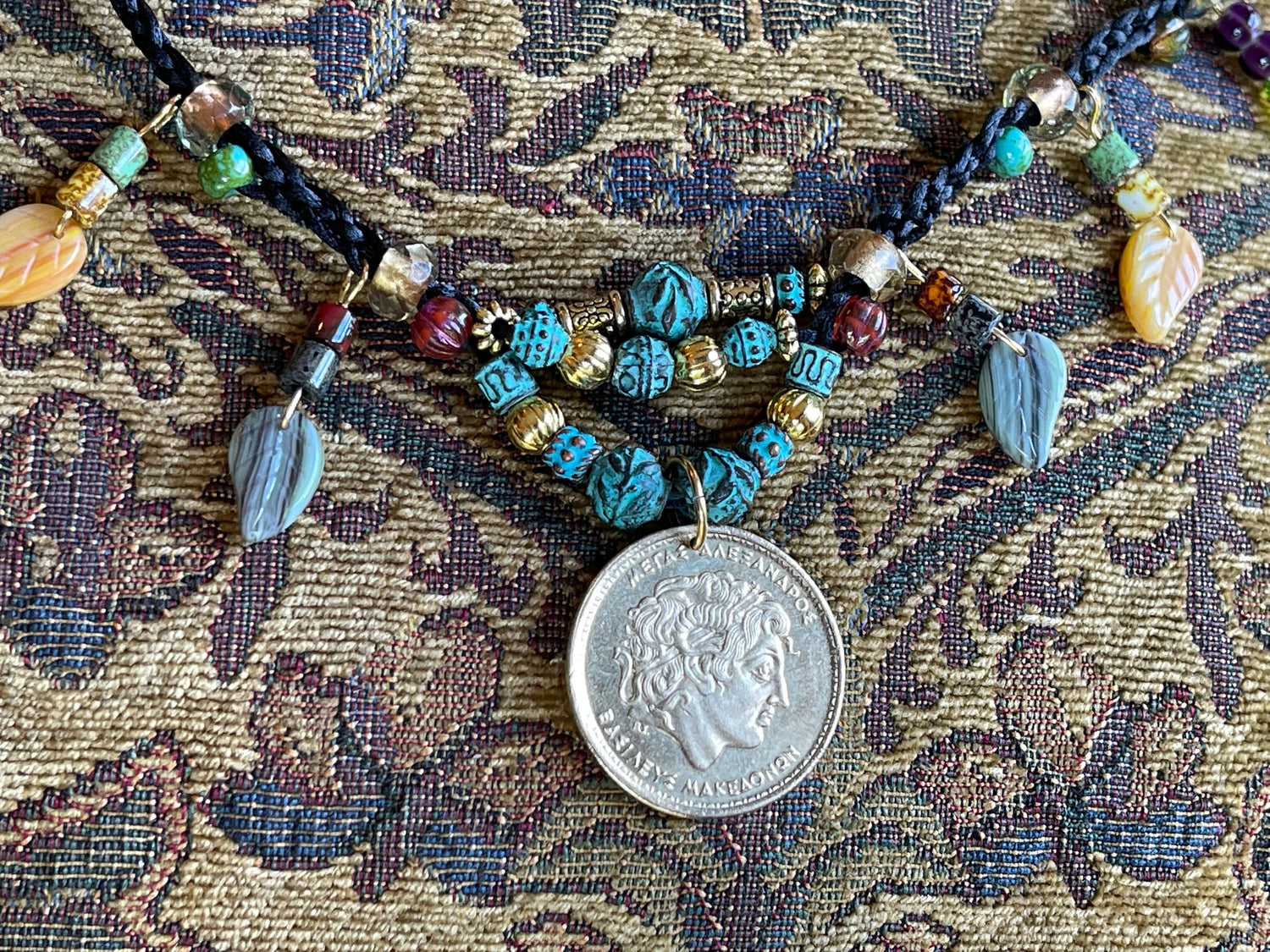 Alexander the Great genuine Greek coin pendant necklace, Czech glass leaves, copper beads (green patina) fire polished crystal, toggle clasp