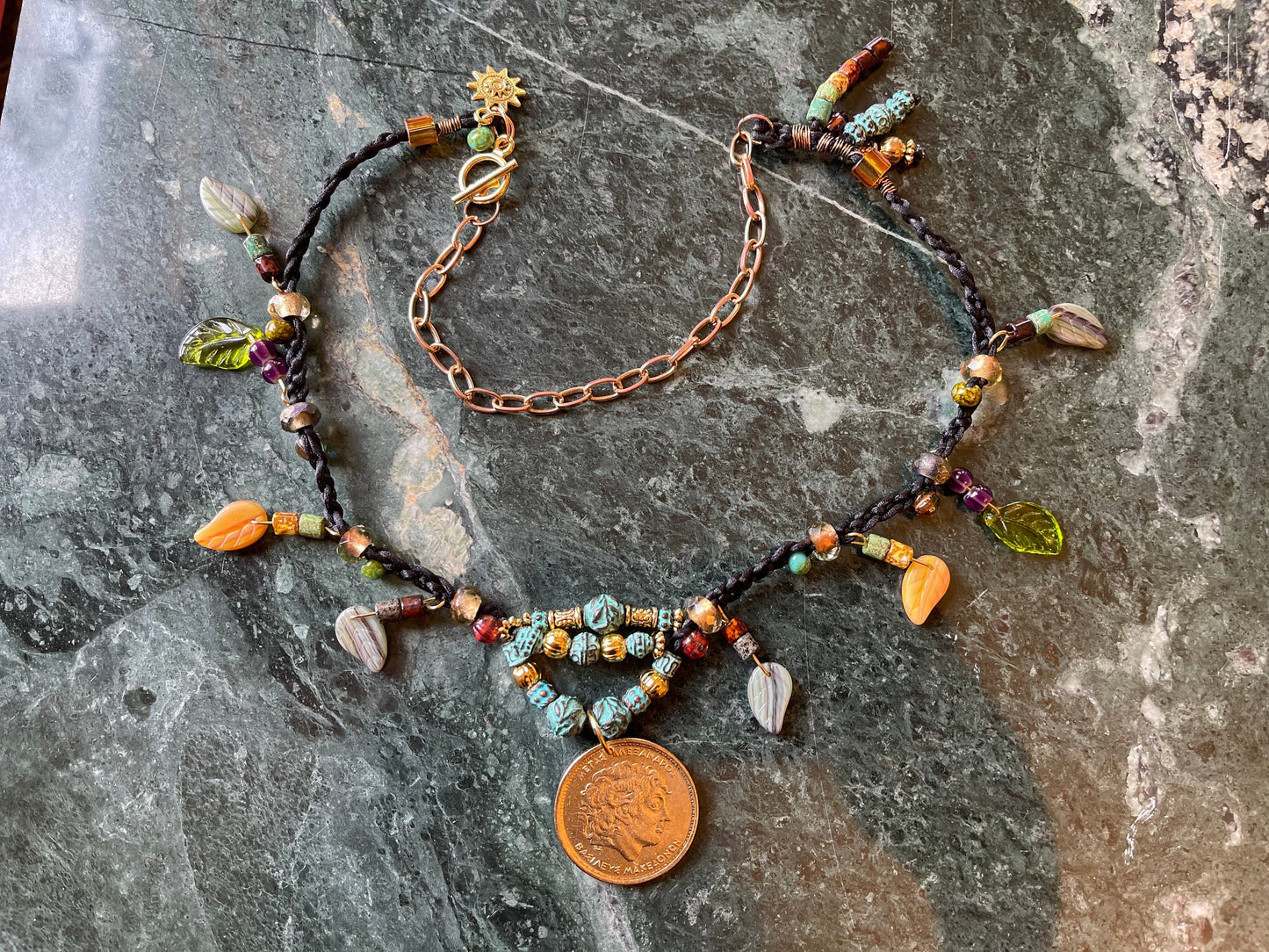 Alexander the Great genuine Greek coin pendant necklace, Czech glass leaves, copper beads (green patina) fire polished crystal, toggle clasp