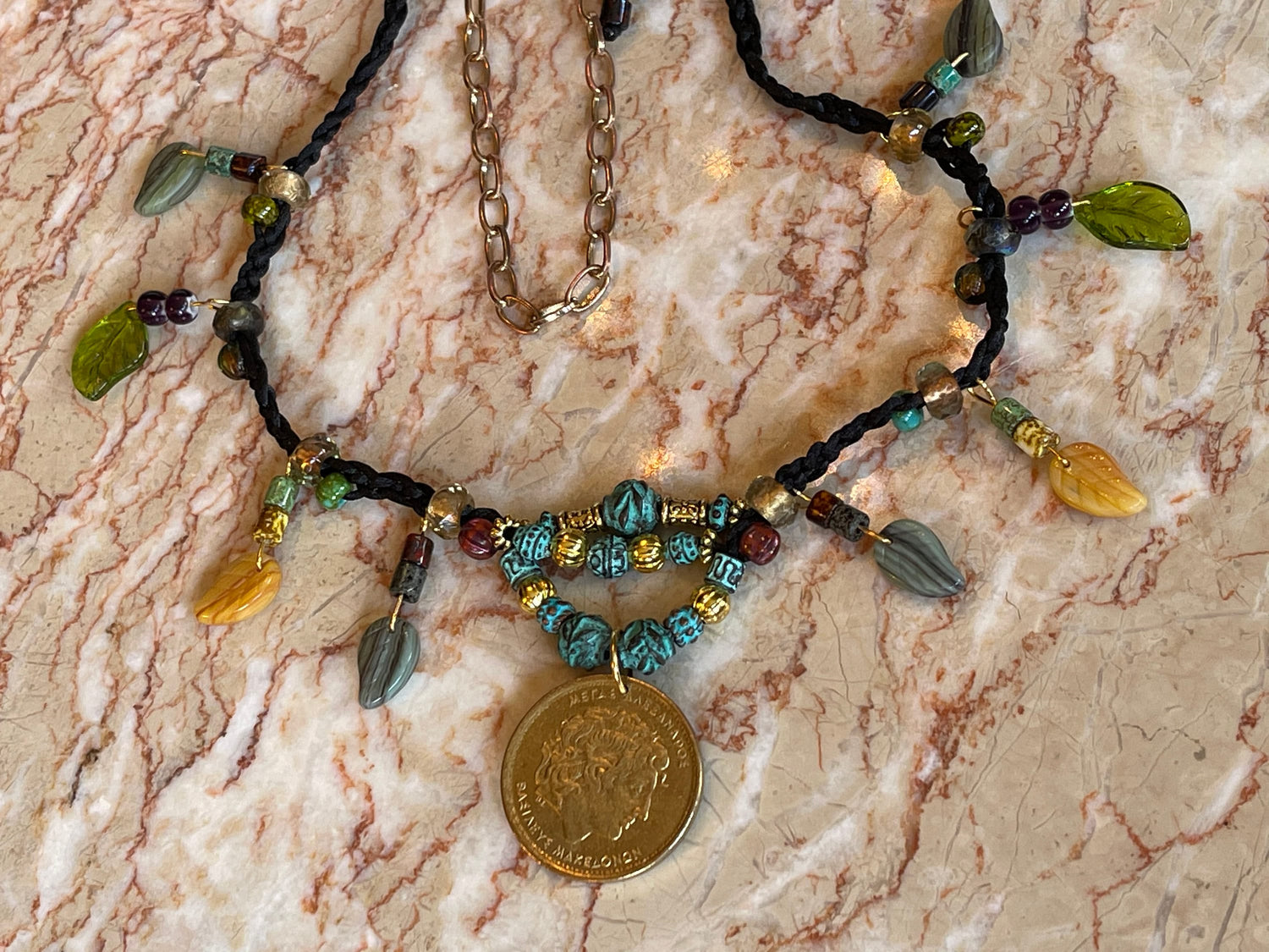 Alexander the Great genuine Greek coin pendant necklace, Czech glass leaves, copper beads (green patina) fire polished crystal, toggle clasp
