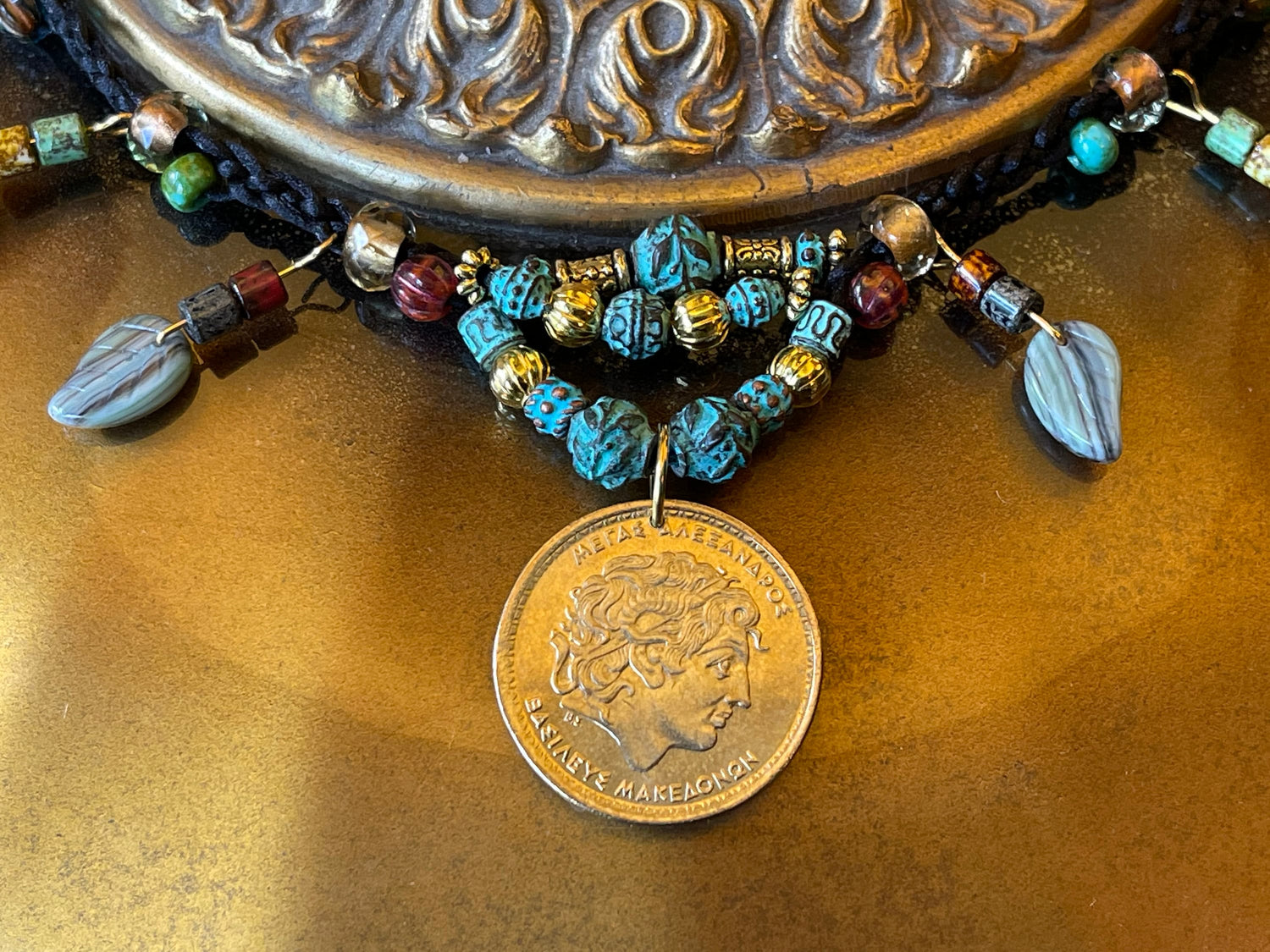 Alexander the Great genuine Greek coin pendant necklace, Czech glass leaves, copper beads (green patina) fire polished crystal, toggle clasp