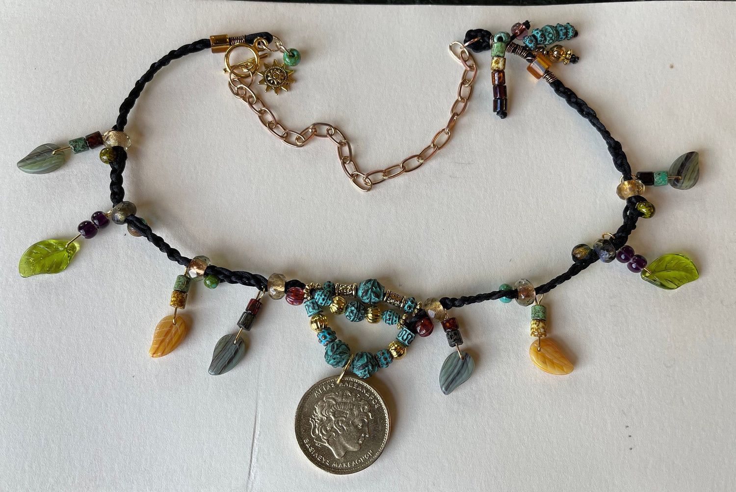 Alexander the Great genuine Greek coin pendant necklace, Czech glass leaves, copper beads (green patina) fire polished crystal, toggle clasp