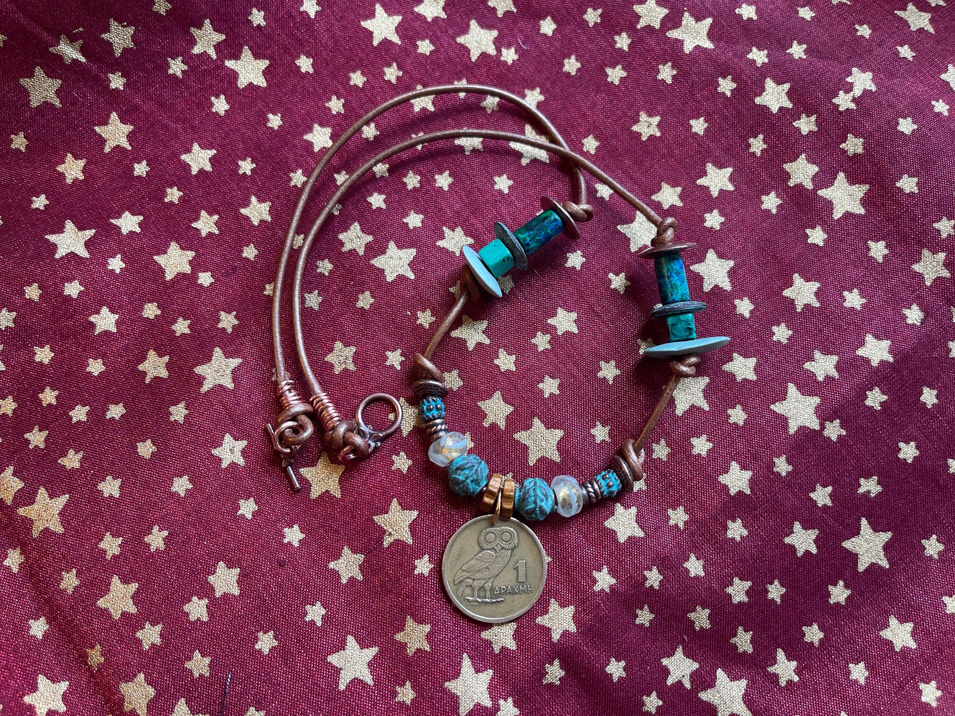 Owl of Athena authentic Greek coin pendant necklace, Czech fire polished crystal, copper beads (green patina), genuine leather, toggle clasp