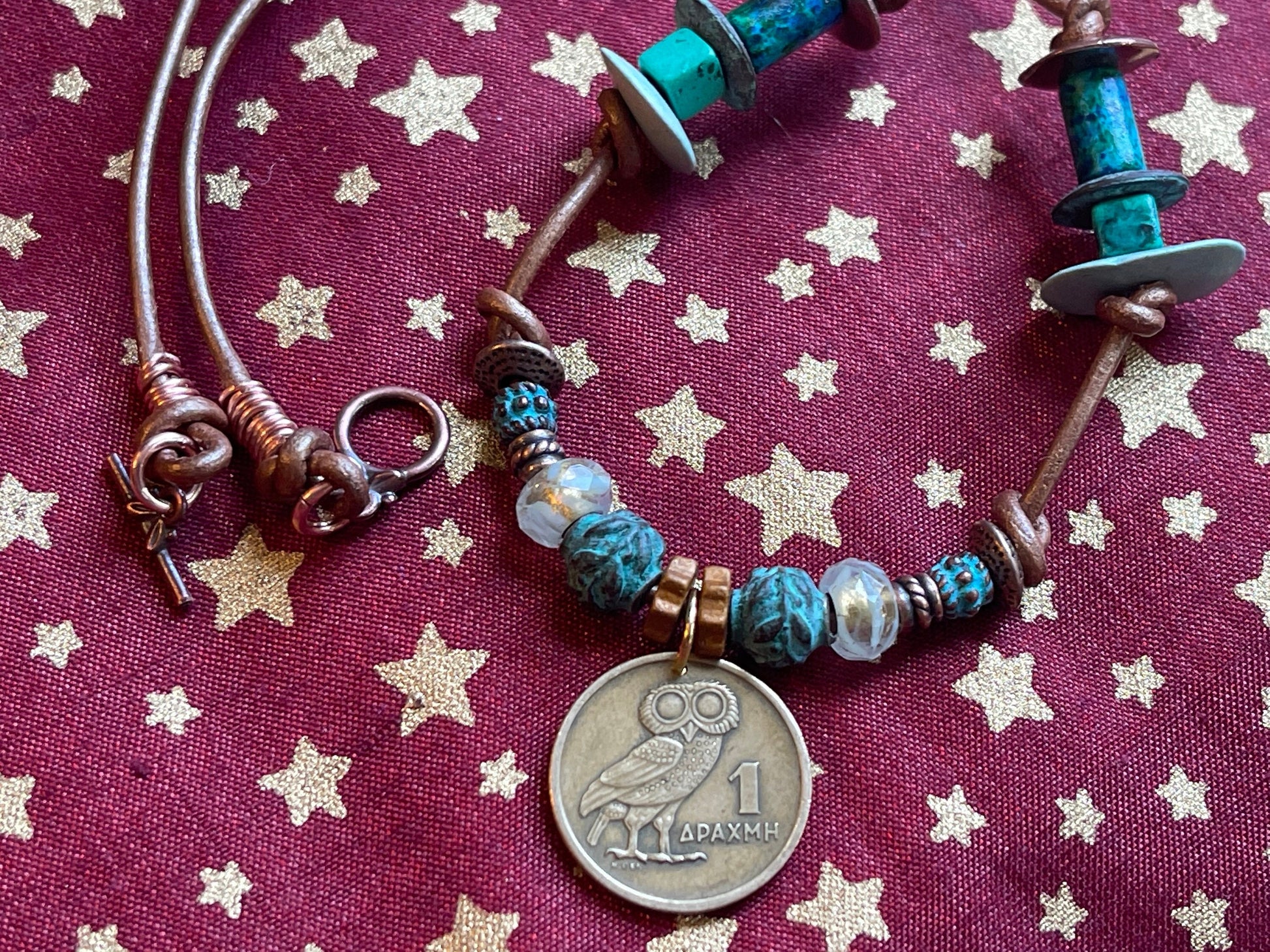 Owl of Athena authentic Greek coin pendant necklace, Czech fire polished crystal, copper beads (green patina), genuine leather, toggle clasp