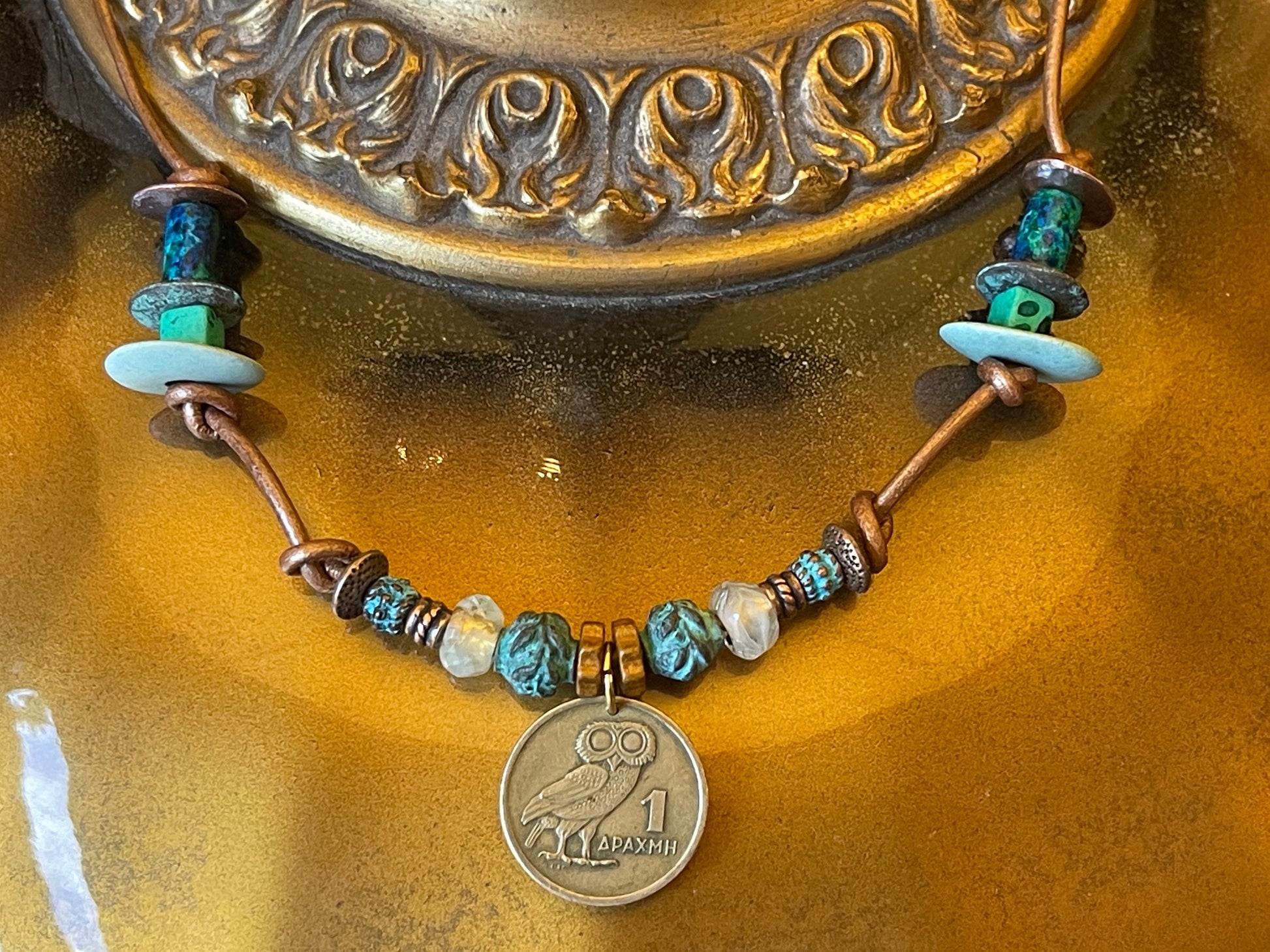 Owl of Athena authentic Greek coin pendant necklace, Czech fire polished crystal, copper beads (green patina), genuine leather, toggle clasp