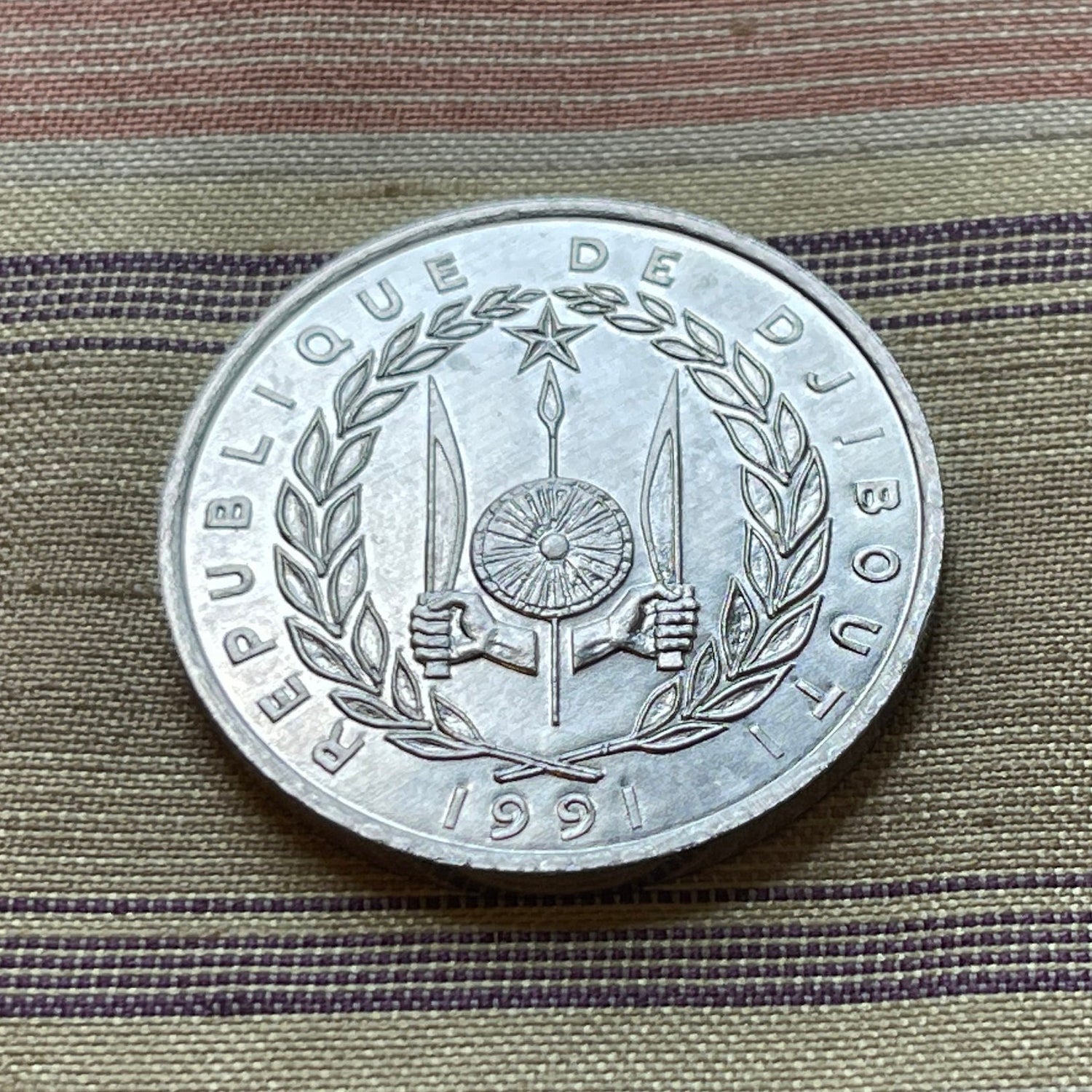 Jile Daggers of Afar and Issa Tribes & Nile Lechwe Antelope  5 Francs Djibouti Authentic Coin Money for Jewelry and Craft Making