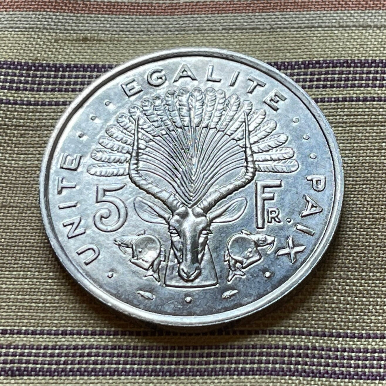 Nile Lechwe Antelope & Jile Daggers of Afar and Issa Tribes 5 Francs Djibouti Authentic Coin Money for Jewelry (Unity Equality Peace)