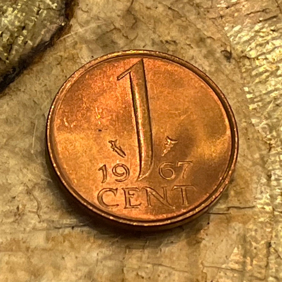 Queen Juliana 1 Cent Netherlands Authentic Coin Money for Jewelry and Craft Making (Staff of Mercury)