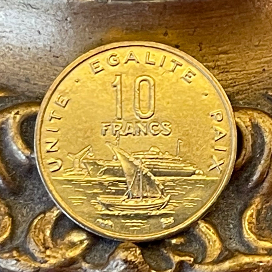 Sailing Dhow and Ocean Liner in Harbor & Jile Daggers of Tribes 10 Francs Djibouti Authentic Coin Money for Jewelry (Unity Equality Peace)