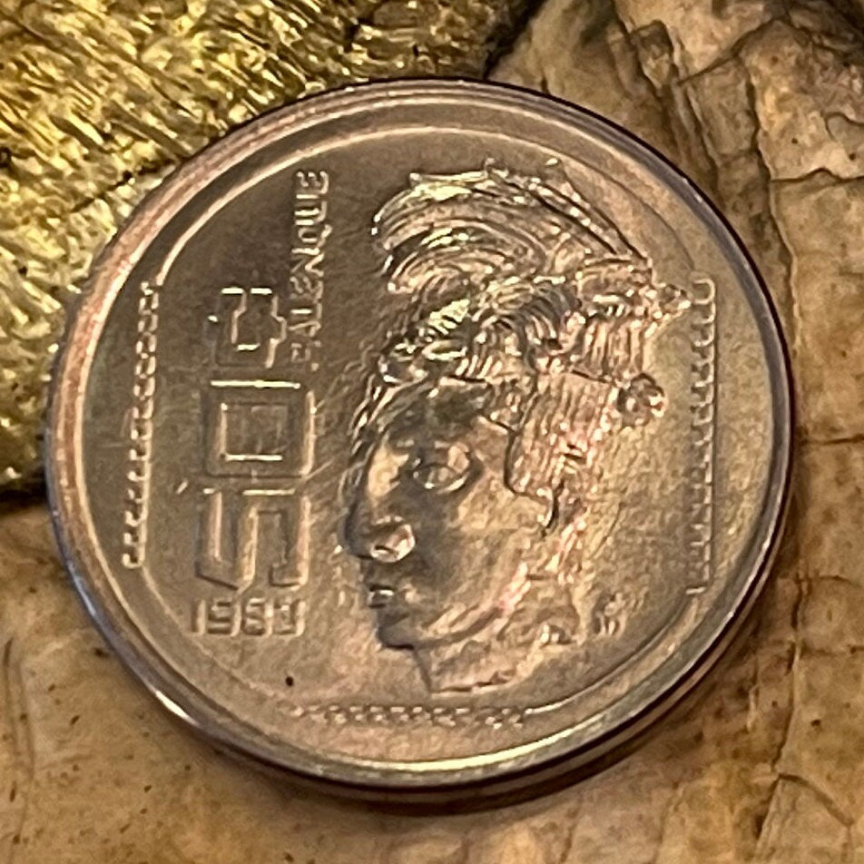 Ancient Astronaut Lord Pakal the Great & Eagle with Snake 50 Centavos Mexico Authentic Coin Money (Pacal) (Classic Maya) (1983) (Palenque)