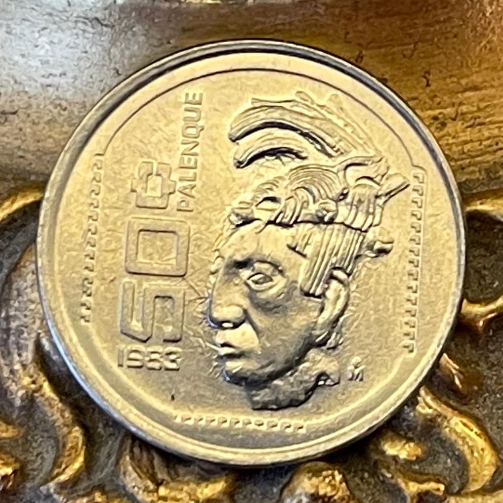 Ancient Astronaut Lord Pakal the Great & Eagle with Snake 50 Centavos Mexico Authentic Coin Money (Pacal) (Classic Maya) (1983) (Palenque)