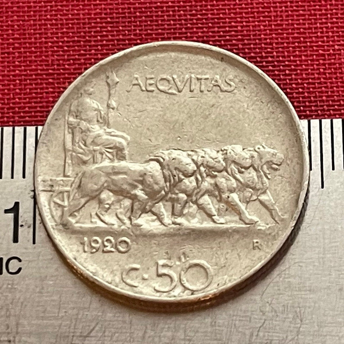 Goddess Aequitas in 4-Lion Chariot 50 Centesimi Italy Authentic Coin Money for Jewelry (King Vittorio Emanuele III) (Goddess of Equity)