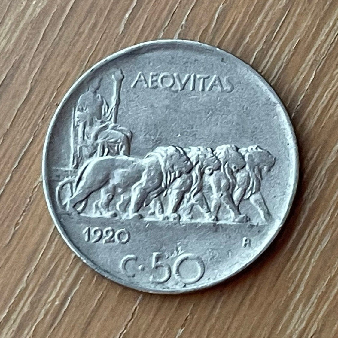 Goddess Aequitas in 4-Lion Chariot 50 Centesimi Italy Authentic Coin Money for Jewelry (King Vittorio Emanuele III) (Goddess of Equity)