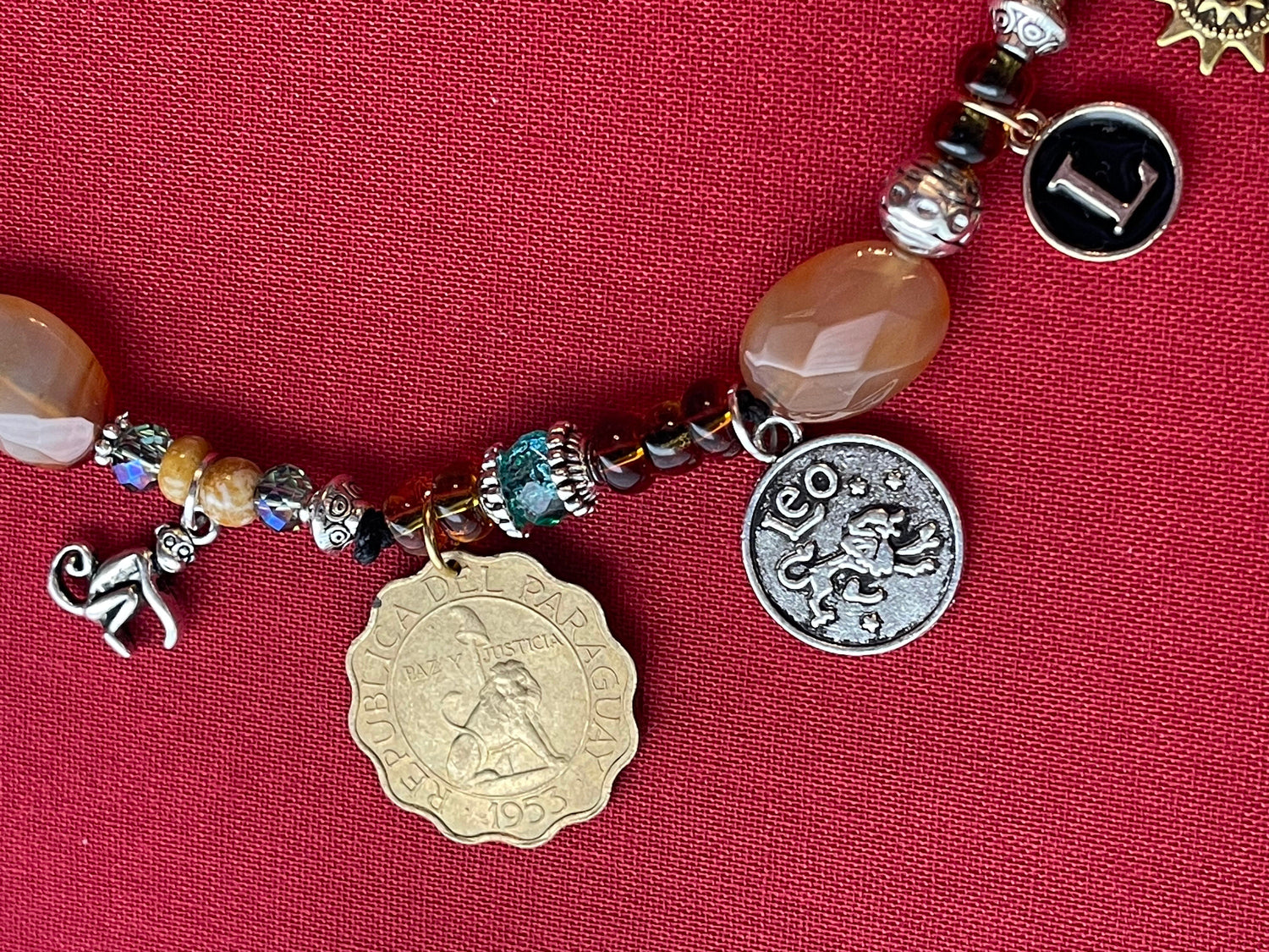 LION Leo necklace–enamel letters, silver toggle–St. Mamas riding lion, Ethiopian lion coins–animal charms–picture jasper–crystal (astrology)