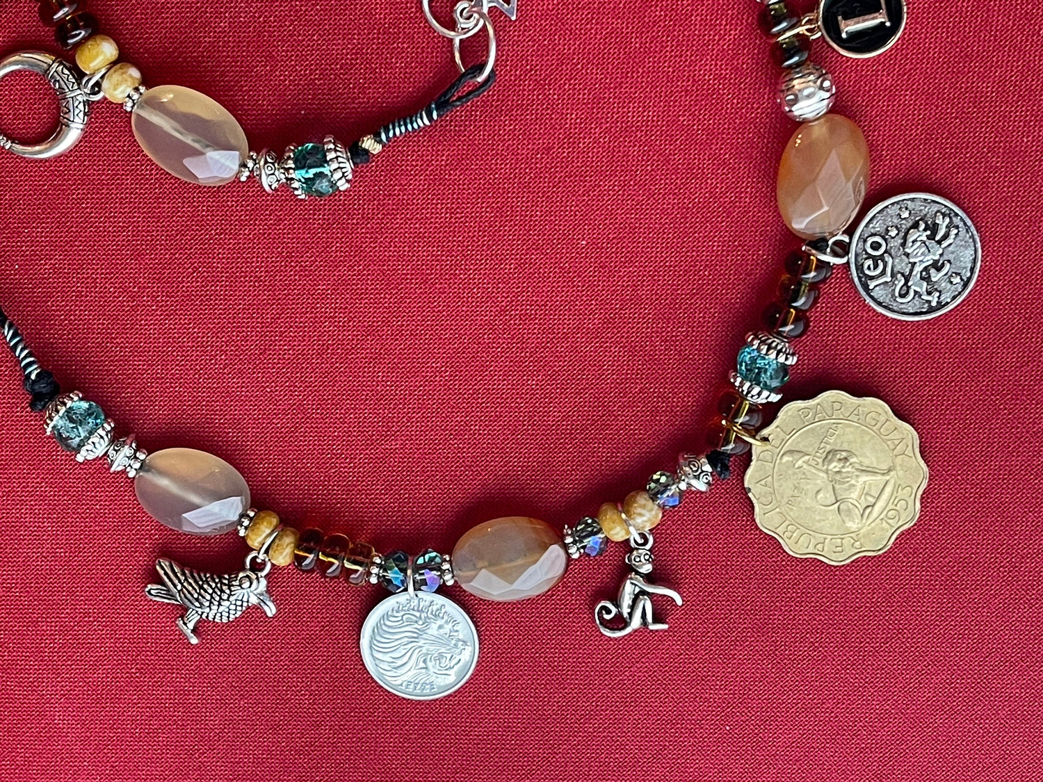 LION Leo necklace–enamel letters, silver toggle–St. Mamas riding lion, Ethiopian lion coins–animal charms–picture jasper–crystal (astrology)
