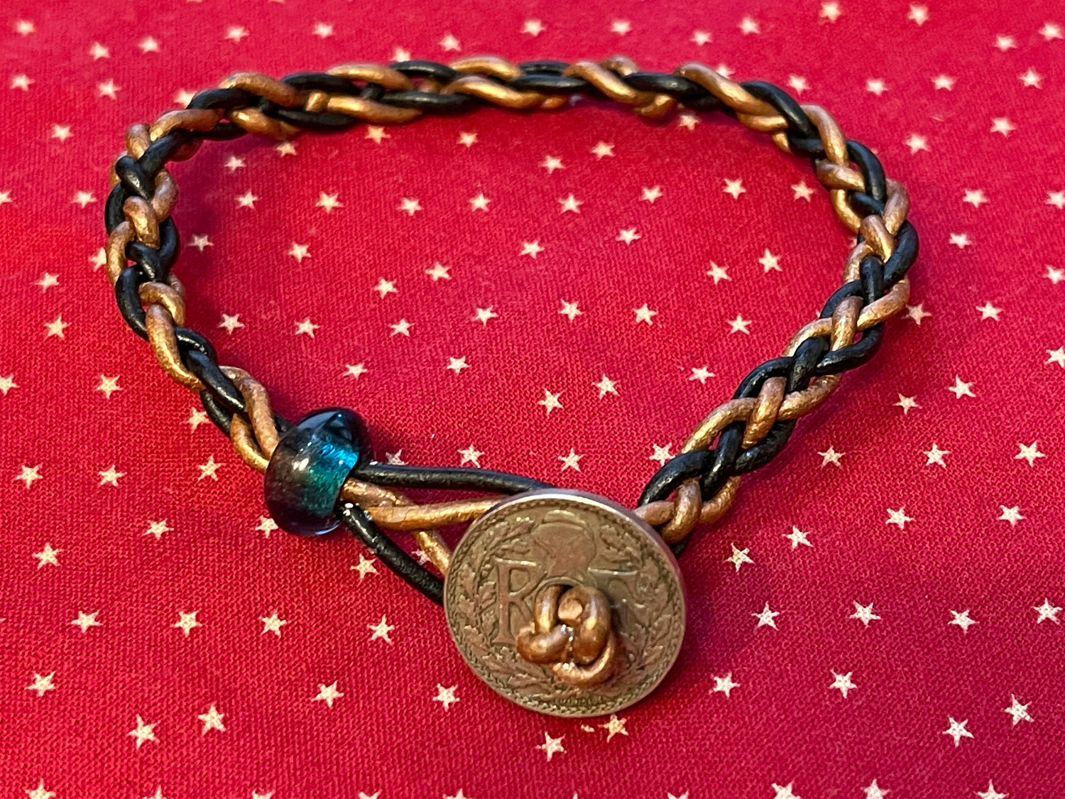 Fathers Day braided leather genuine world coin charm (ten centime French coin) bracelet Czech glass