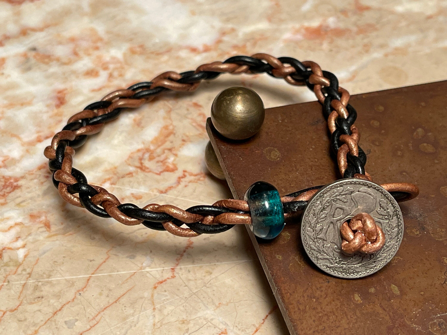 Fathers Day braided leather genuine world coin charm (ten centime French coin) bracelet Czech glass